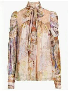 Zimmermann 0 US Small pussybow silkblend georgette blouse animal faces